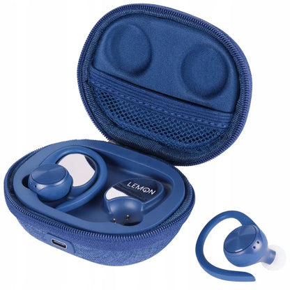 Sportinės belaidės „Bluetooth“ į ausis įstatomos ausinės „LEMON J92“ su įkrovimo dėklu ir išorinio akumuliatoriaus funkcija, mėlynos