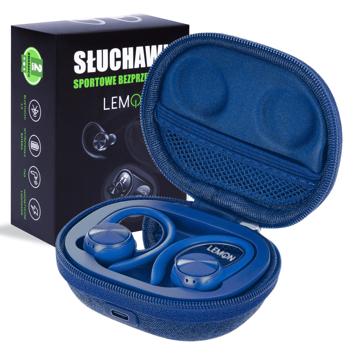 Sportinės belaidės „Bluetooth“ į ausis įstatomos ausinės „LEMON J92“ su įkrovimo dėklu ir išorinio akumuliatoriaus funkcija, mėlynos