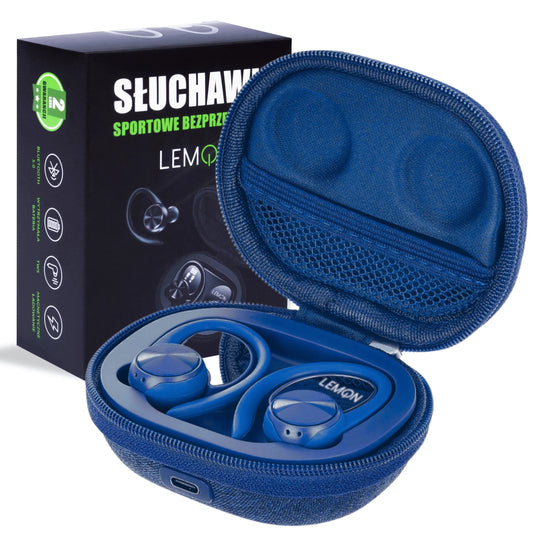 Sportinės belaidės „Bluetooth“ į ausis įstatomos ausinės „LEMON J92“ su įkrovimo dėklu ir išorinio akumuliatoriaus funkcija, mėlynos