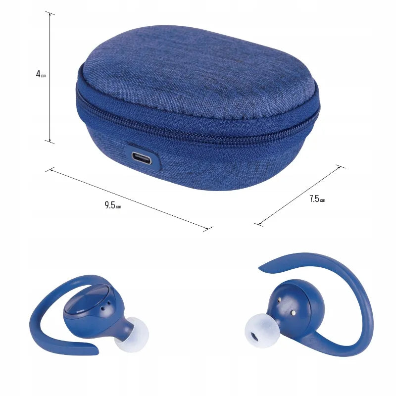 Sportinės belaidės „Bluetooth“ į ausis įstatomos ausinės „LEMON J92“ su įkrovimo dėklu ir išorinio akumuliatoriaus funkcija, mėlynos