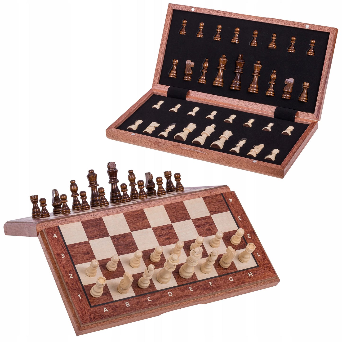 SQUARE – Dideli mediniai magnetiniai šachmatai 380 – Mahonis + 2 x papildomos valdovės
