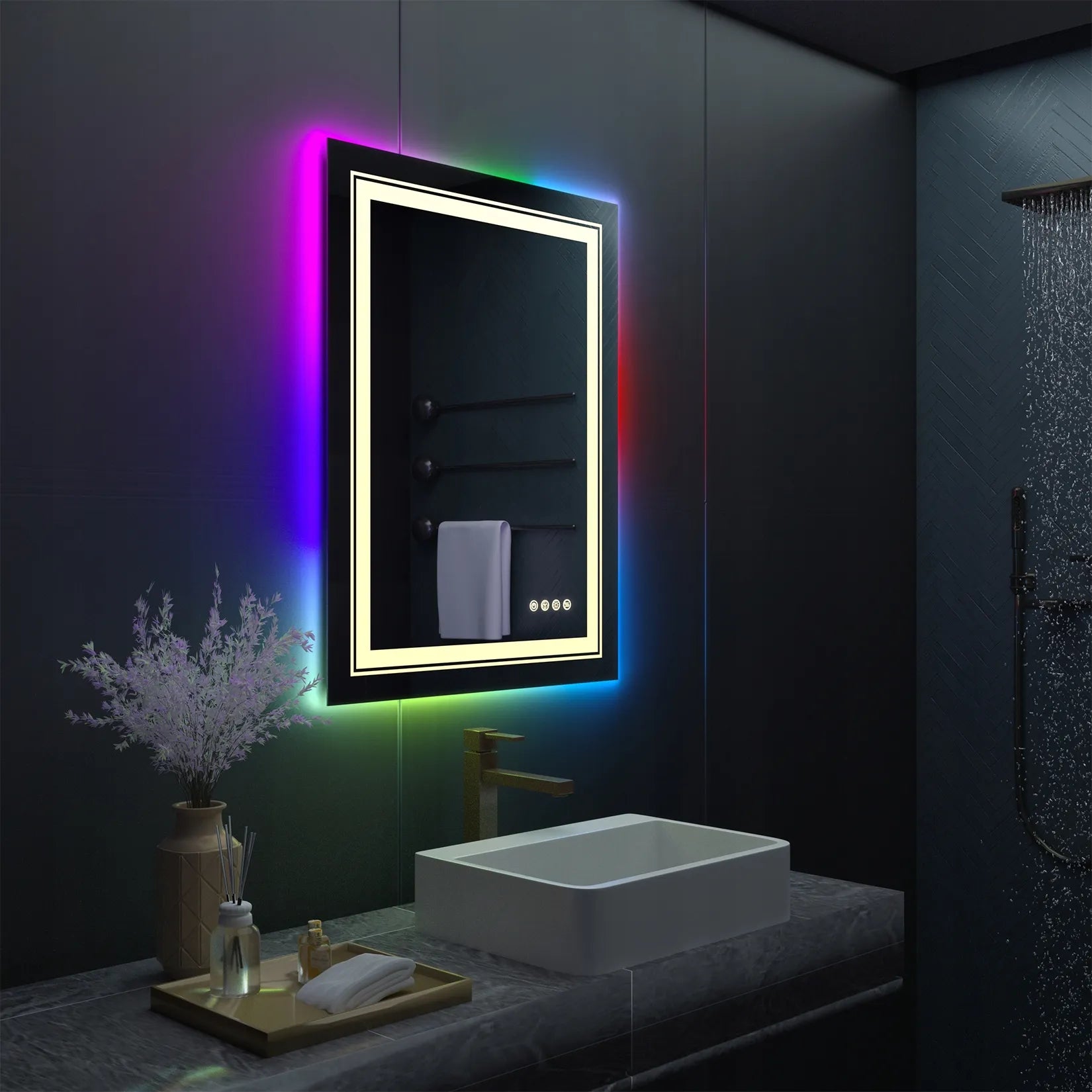 Stačiakampis LED vonios veidrodis su RGB apšvietimu 60x80cm