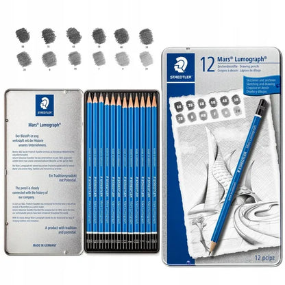 Staedtler Mars Lumograph pieštukų rinkinys, 12 vnt., 8B-2H, metaliniame dėkle