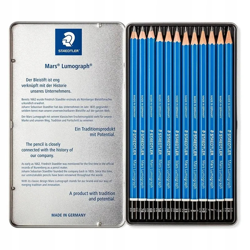 Staedtler Mars Lumograph pieštukų rinkinys, 12 vnt., 8B-2H, metaliniame dėkle