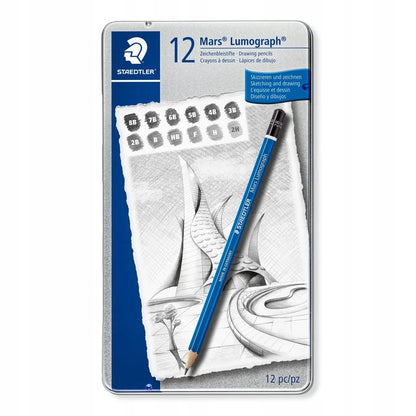 Staedtler Mars Lumograph pieštukų rinkinys, 12 vnt., 8B-2H, metaliniame dėkle
