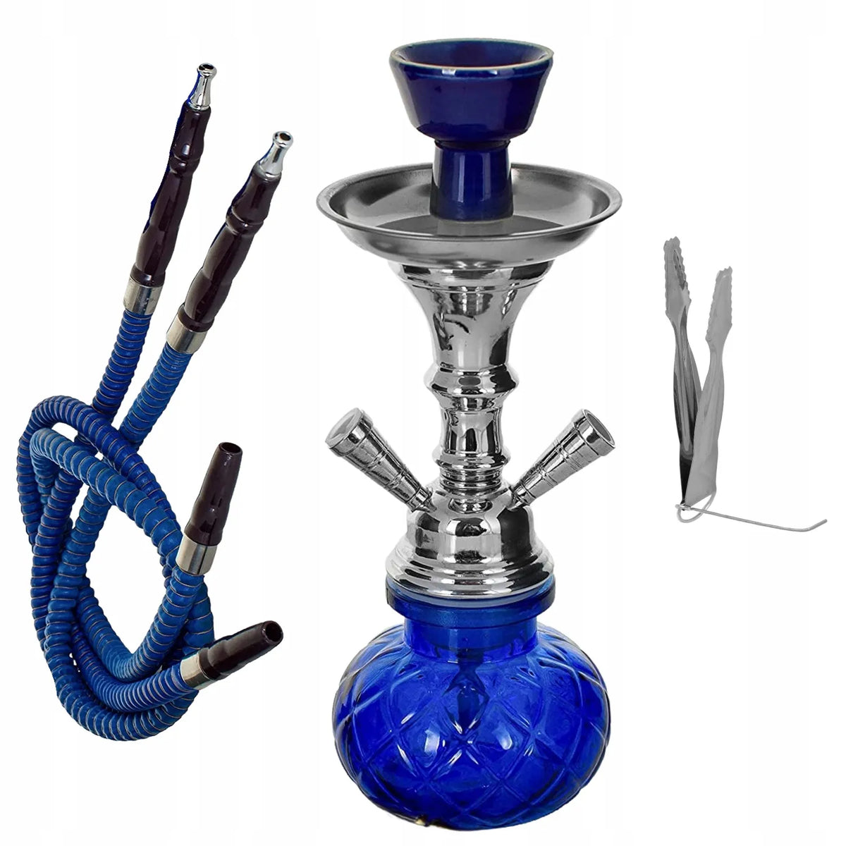 Stiklinė vandens pypkė / šiša su 2 vamzdeliais, mėlyna BLUE, 28 cm