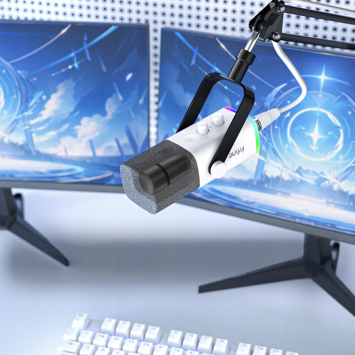 Studijinis dinaminis mikrofonas Fifine AM8 RGB, XLR / USB, baltas