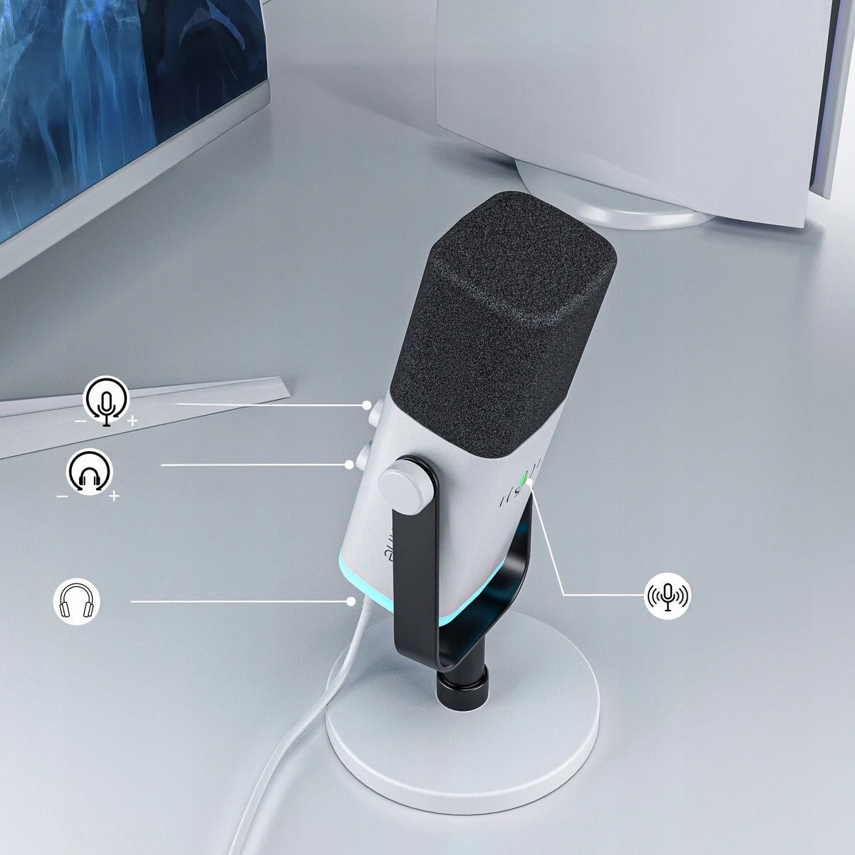 Studijinis dinaminis mikrofonas Fifine AM8 RGB, XLR / USB, baltas