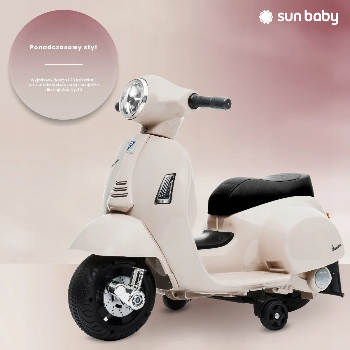 „Sun Baby“ elektrinis vaikiškas „Vespa“ paspirtukas-važiuoklė, kreminės spalvos