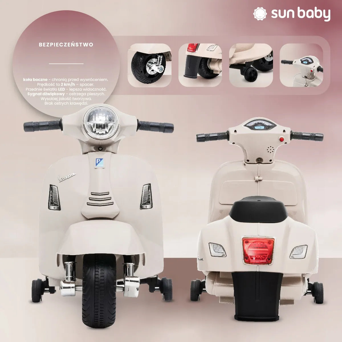 „Sun Baby“ elektrinis vaikiškas „Vespa“ paspirtukas-važiuoklė, kreminės spalvos