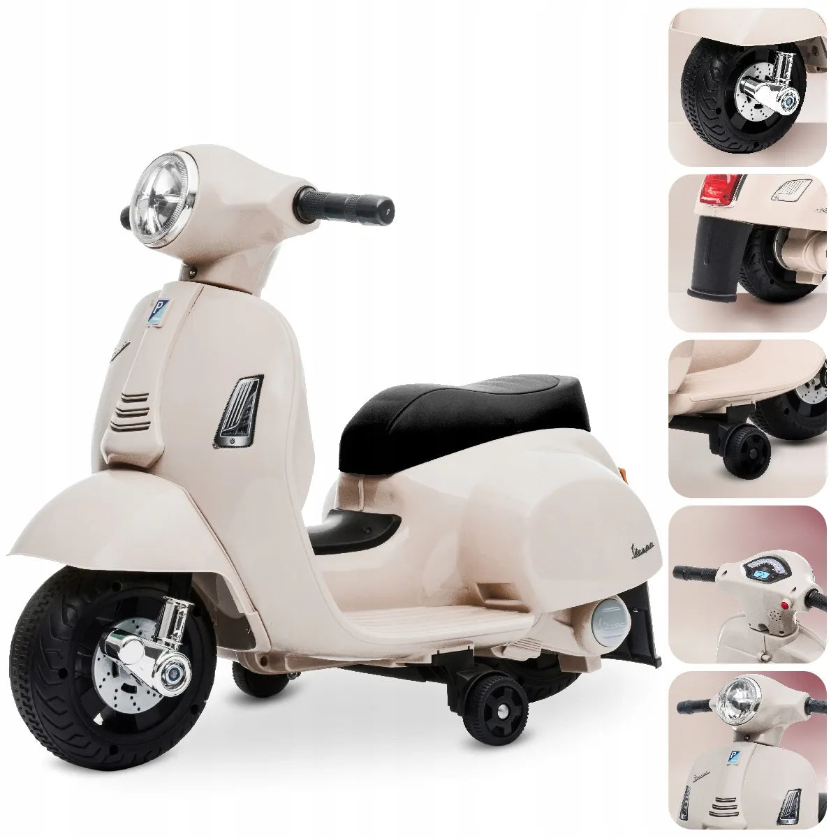 „Sun Baby“ elektrinis vaikiškas „Vespa“ paspirtukas-važiuoklė, kreminės spalvos