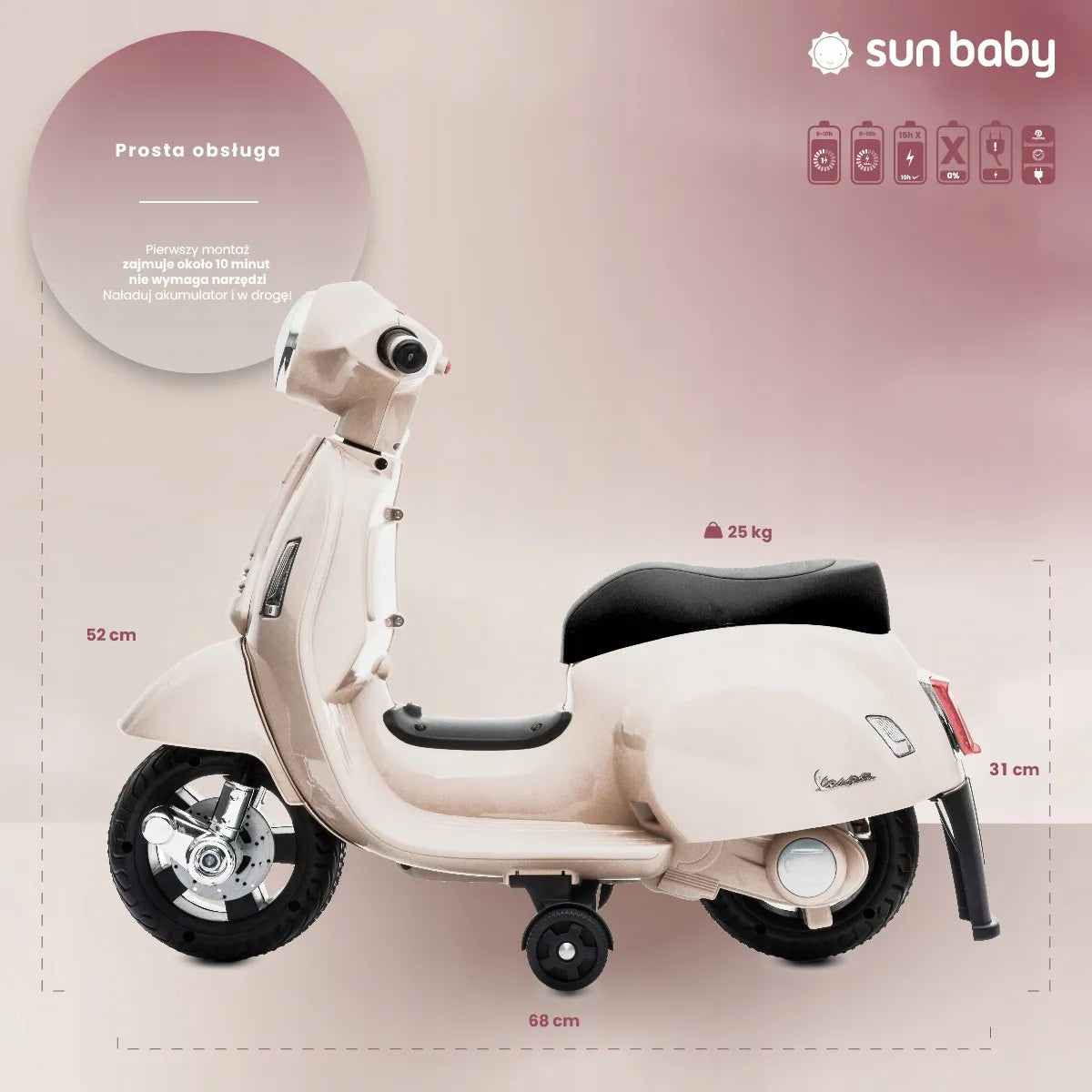 „Sun Baby“ elektrinis vaikiškas „Vespa“ paspirtukas-važiuoklė, kreminės spalvos