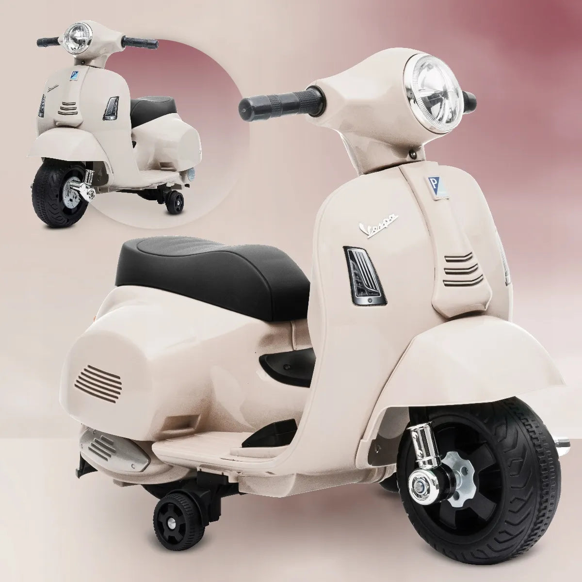 „Sun Baby“ elektrinis vaikiškas „Vespa“ paspirtukas-važiuoklė, kreminės spalvos