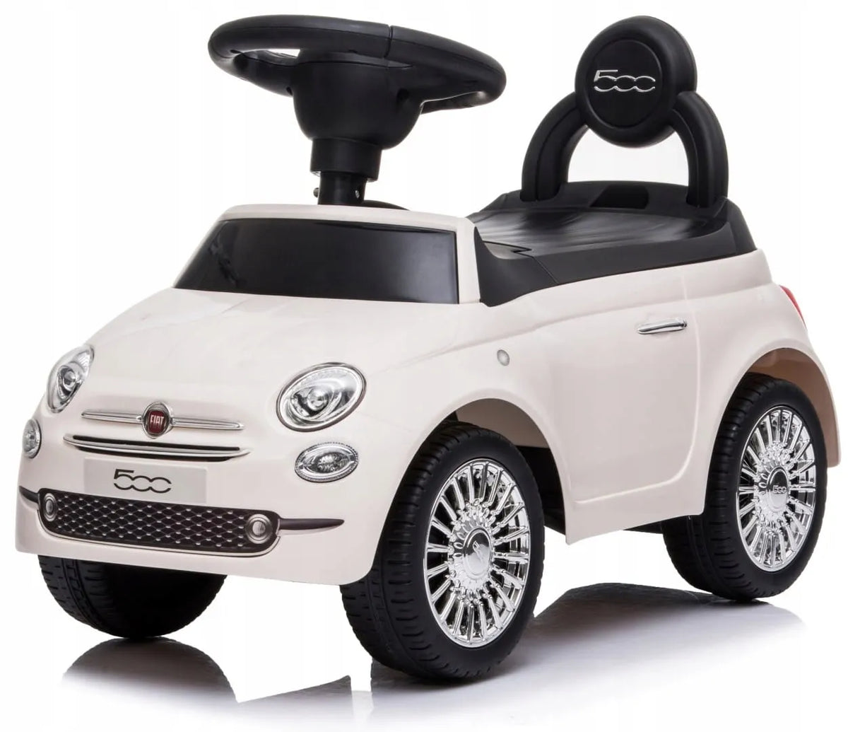 „Sun Baby“ „Fiat 500“ paspiriamas automobilis-stumdukas vaikams nuo 12 mėn., baltas, su atlošu, daiktadėže ir garsais