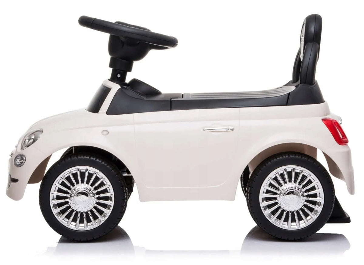 „Sun Baby“ „Fiat 500“ paspiriamas automobilis-stumdukas vaikams nuo 12 mėn., baltas, su atlošu, daiktadėže ir garsais