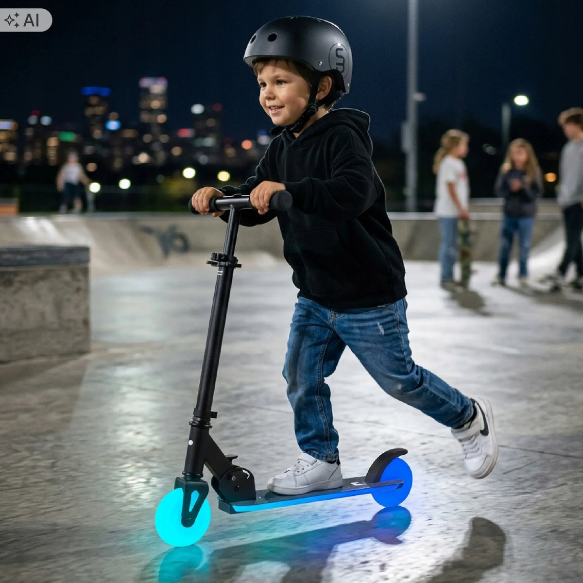 Sun Baby Lumiride juodas sulankstomas dviejų ratų vaikiškas paspirtukas su LED apšvietimu