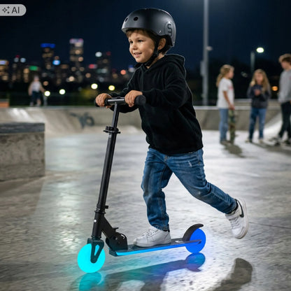 Sun Baby Lumiride juodas sulankstomas dviejų ratų vaikiškas paspirtukas su LED apšvietimu
