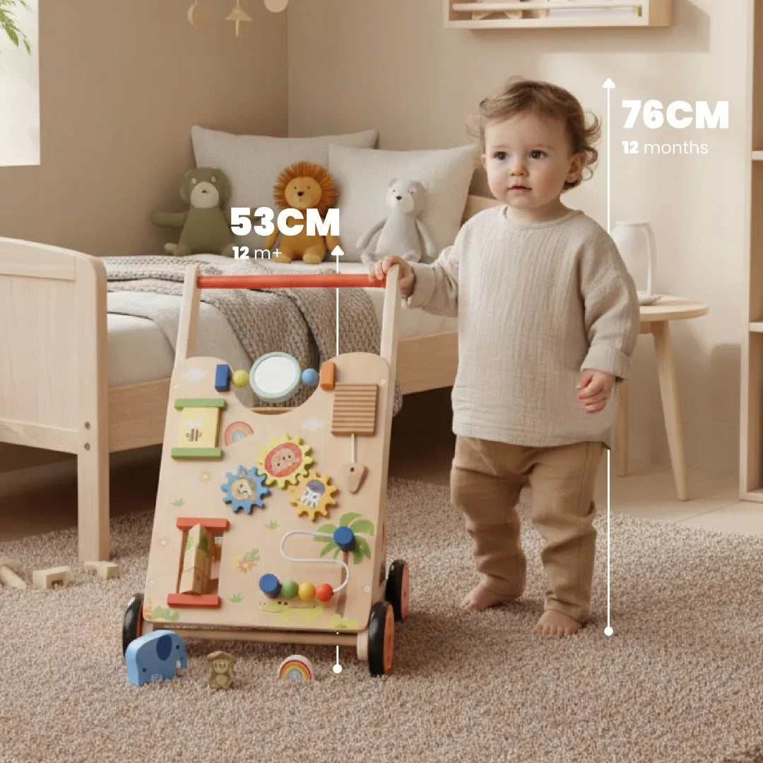 „Sun Baby“ medinė stumdukė 2 viename vaikams su veiklos lenta ir formų rūšiuokliu, XXL