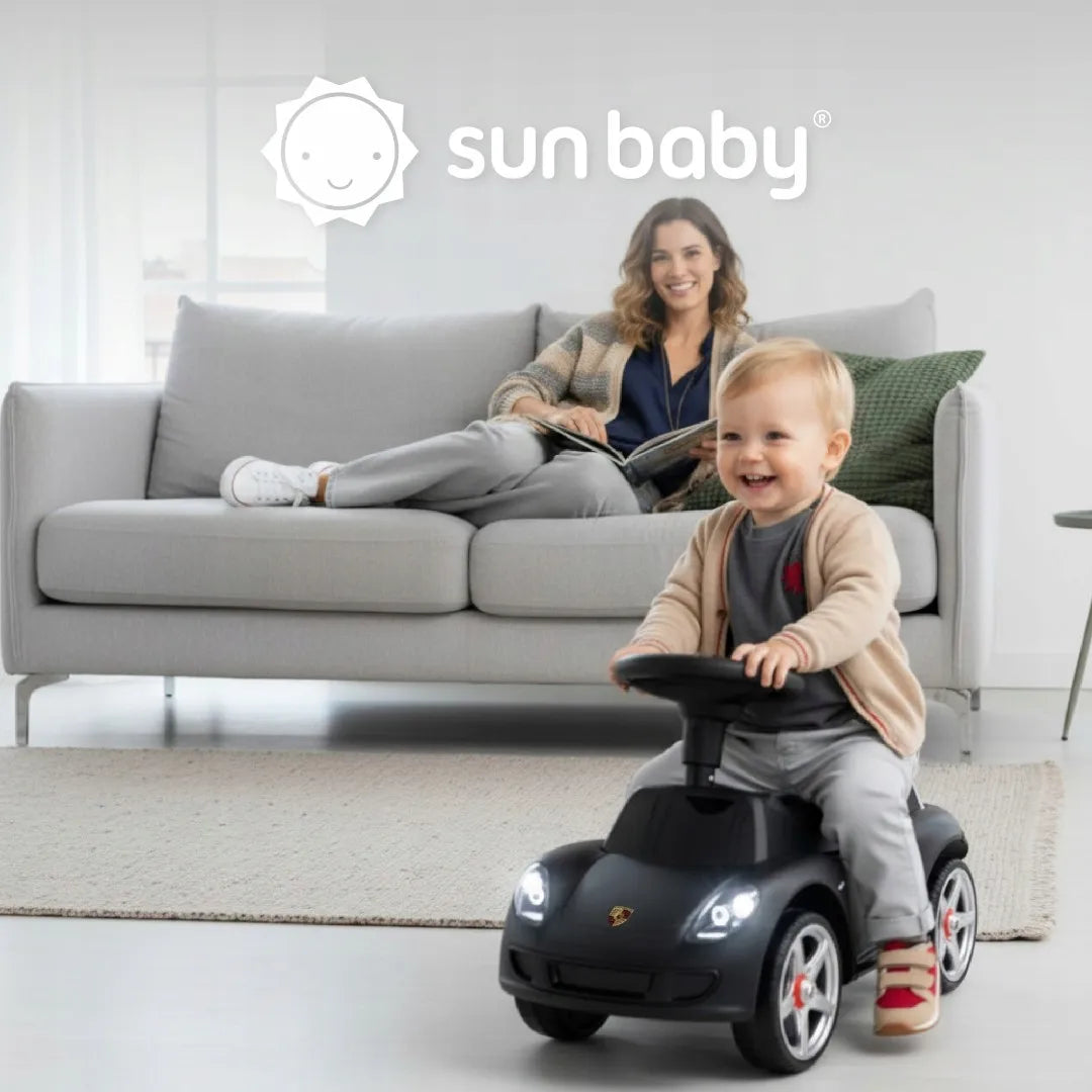 „Sun Baby“ „Porsche Carrera GT“ vaikiškas paspiriamas automobilis su šviesomis, juodas
