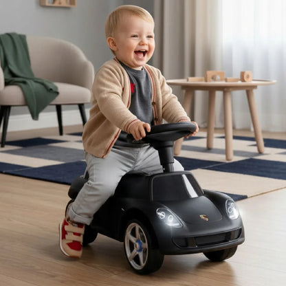„Sun Baby“ „Porsche Carrera GT“ vaikiškas paspiriamas automobilis su šviesomis, juodas
