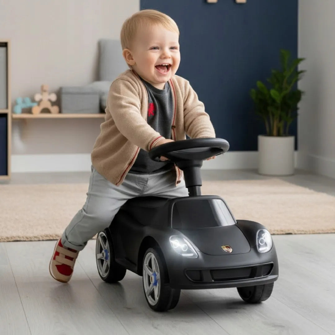 „Sun Baby“ „Porsche Carrera GT“ vaikiškas paspiriamas automobilis su šviesomis, juodas