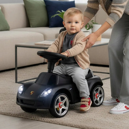 „Sun Baby“ „Porsche Carrera GT“ vaikiškas paspiriamas automobilis su šviesomis, juodas