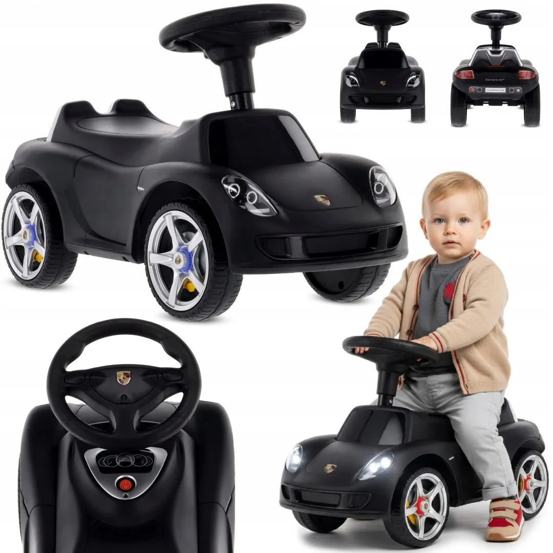 „Sun Baby“ „Porsche Carrera GT“ vaikiškas paspiriamas automobilis su šviesomis, juodas
