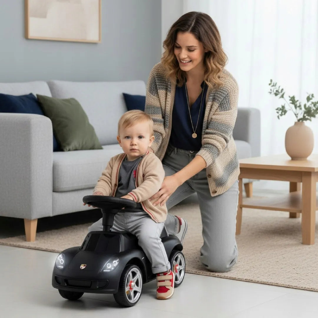 „Sun Baby“ „Porsche Carrera GT“ vaikiškas paspiriamas automobilis su šviesomis, juodas