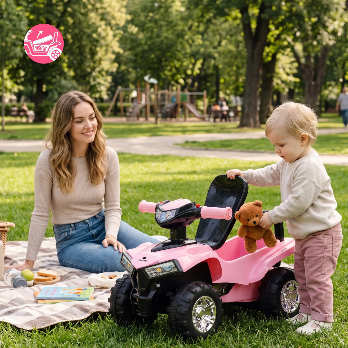 „Sun Baby“ vaikiškas keturratis-stumdukas su LED švieselėmis ir daiktadėže, dideliais ratais, šviesiai rožinis