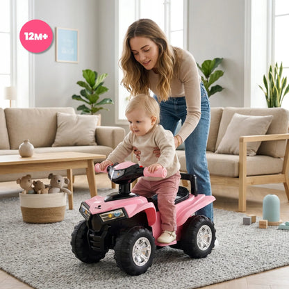 „Sun Baby“ vaikiškas keturratis-stumdukas su LED švieselėmis ir daiktadėže, dideliais ratais, šviesiai rožinis