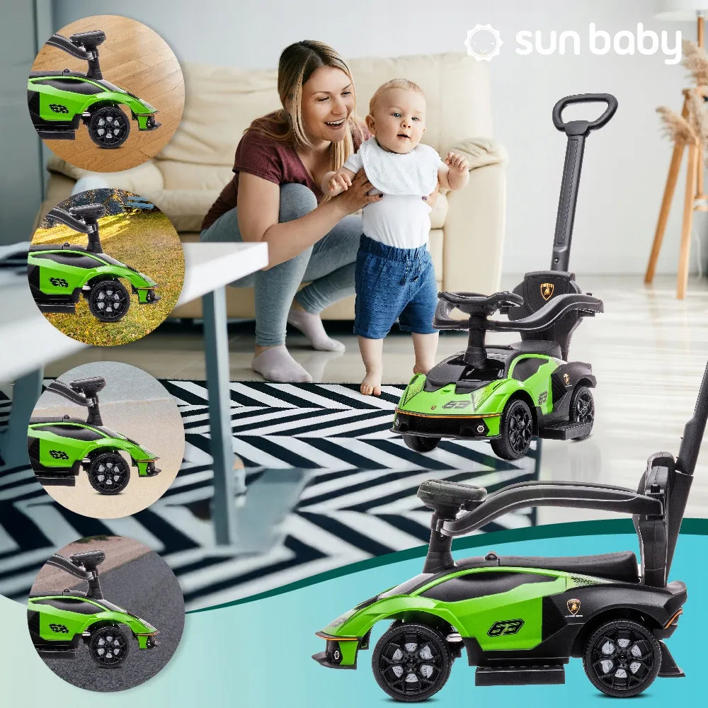 „Sun Baby“ vaikiškas „Lamborghini Essenza SCV12“ paspirtukas-stumdukas su daiktų skyriumi, žalias