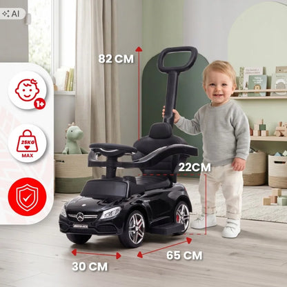 „Sun Baby“ vaikiškas paspirtukas „Mercedes C-Class“ 3 viename su stūmimo rankena, daiktadėže ir pakoju, juodas