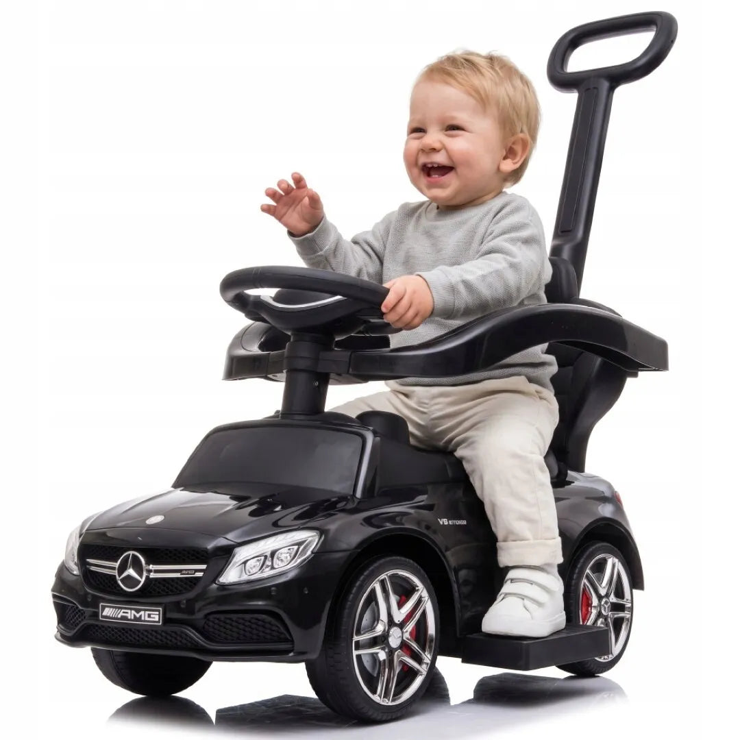 „Sun Baby“ vaikiškas paspirtukas „Mercedes C-Class“ 3 viename su stūmimo rankena, daiktadėže ir pakoju, juodas