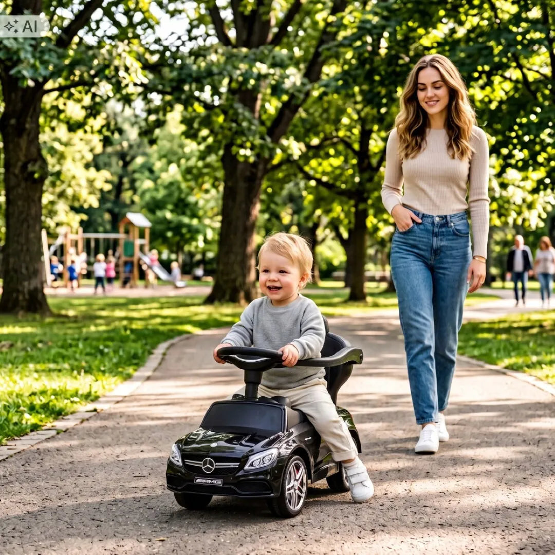 „Sun Baby“ vaikiškas paspirtukas „Mercedes C-Class“ 3 viename su stūmimo rankena, daiktadėže ir pakoju, juodas