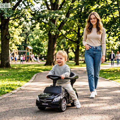 „Sun Baby“ vaikiškas paspirtukas „Mercedes C-Class“ 3 viename su stūmimo rankena, daiktadėže ir pakoju, juodas