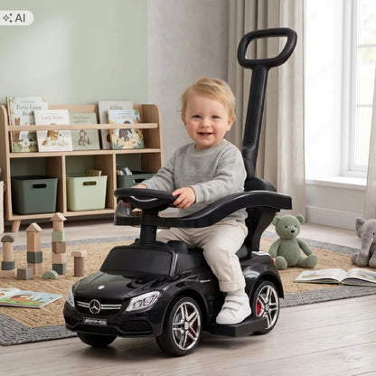 „Sun Baby“ vaikiškas paspirtukas „Mercedes C-Class“ 3 viename su stūmimo rankena, daiktadėže ir pakoju, juodas