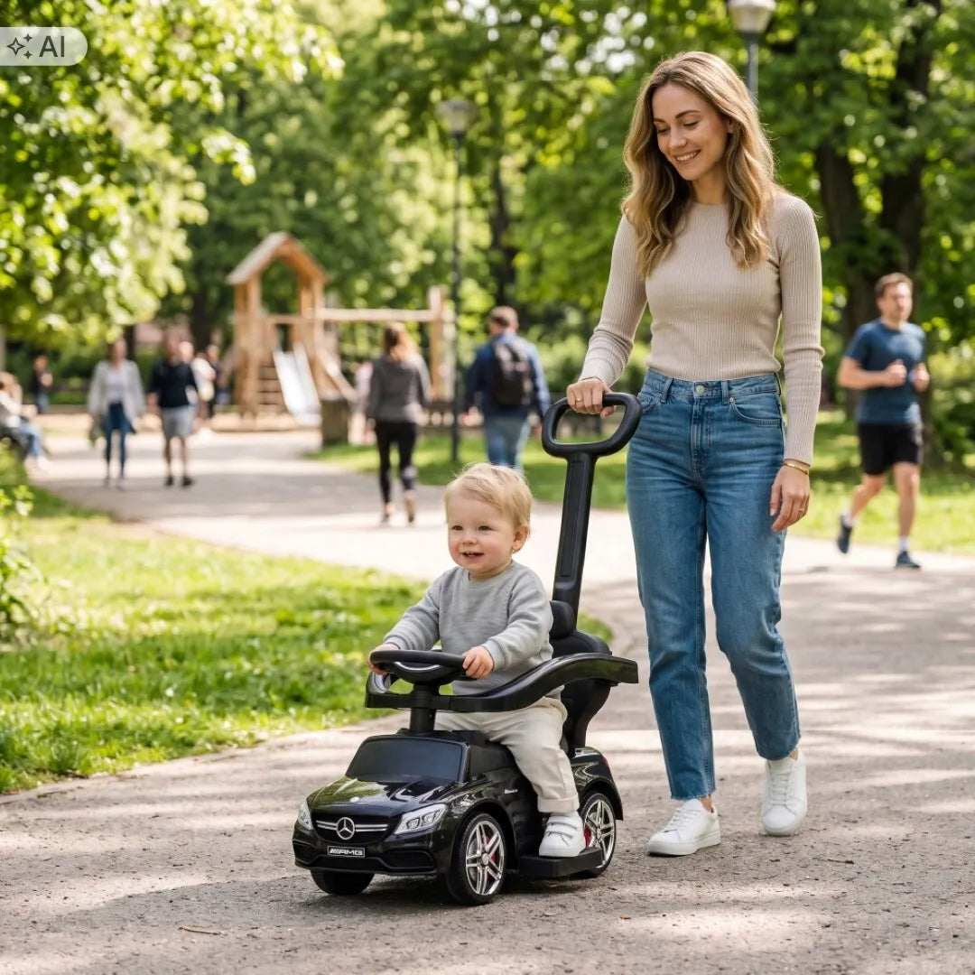 „Sun Baby“ vaikiškas paspirtukas „Mercedes C-Class“ 3 viename su stūmimo rankena, daiktadėže ir pakoju, juodas