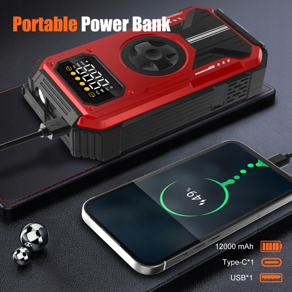 „Swarey“ PD-270 išorinė baterija 12 000 mAh su automobiliniu starteriu ir 150 PSI kompresoriumi, 6000 A