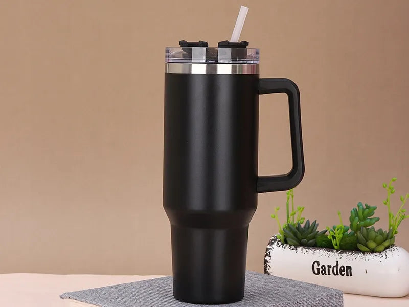 Terminis puodelis termosas su šiaudeliu iš nerūdijančio plieno, didelis XXL 1200 ml + šiaudelis