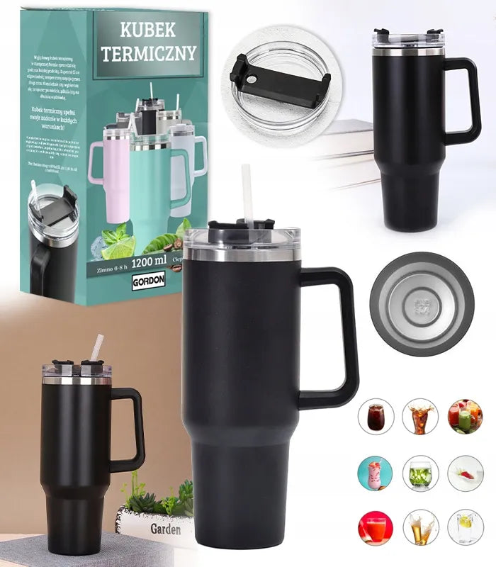 Terminis puodelis termosas su šiaudeliu iš nerūdijančio plieno, didelis XXL 1200 ml + šiaudelis
