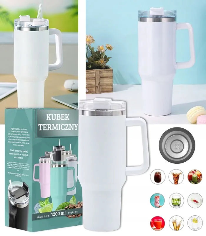 Terminis puodelis termosas su šiaudeliu, nerūdijantis plienas, labai didelis XXL, 1200 ml