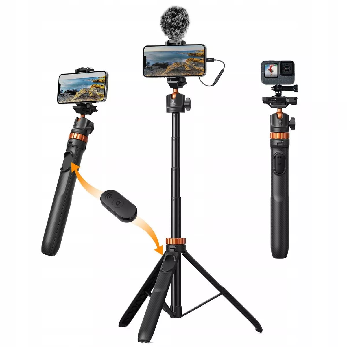 Trikojis stovas K&F Concept 2w1 Selfie Stick telefonui, kamerai, DJI, GoPro su nuotolinio valdymo pulteliu