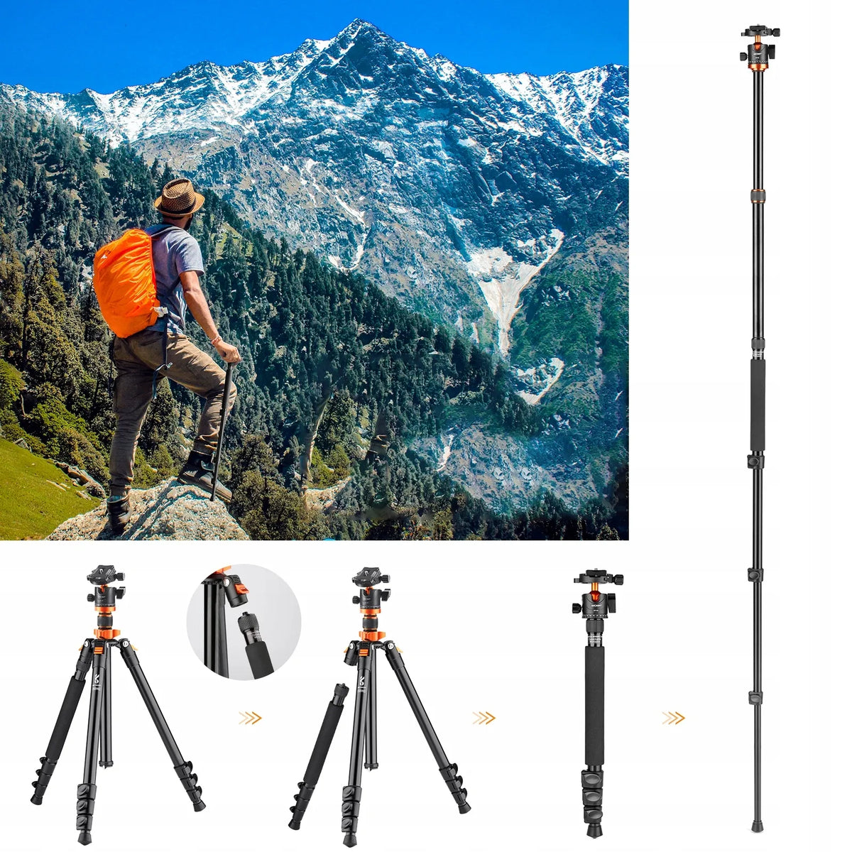 TRIKOJO STOVAS FOTOAPARATUI K&F CONCEPT SA254M2 MONOPODAS 175CM GALVUTĖ 10kg