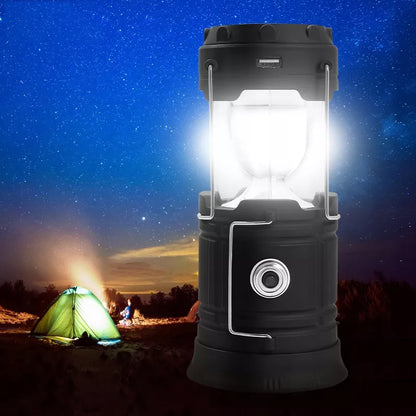 Turistinė akumuliatorinė kempingo saulės energijos LED lempa, sulankstoma, su powerbank funkcija