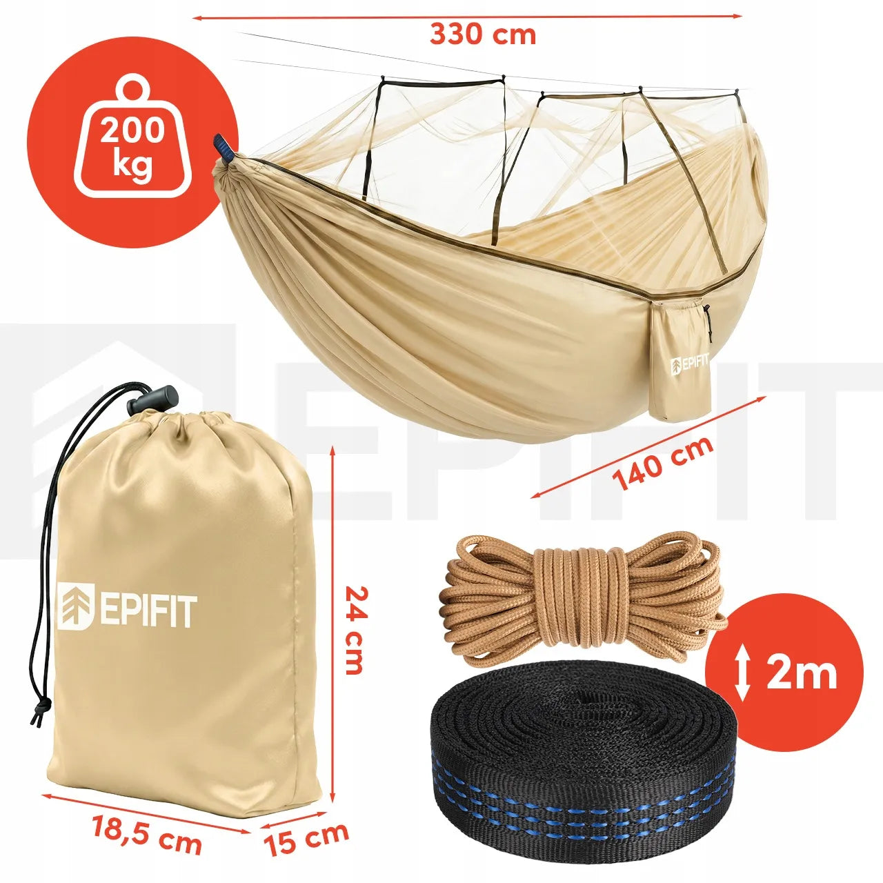 Turistinis hamakas su tinkleliu nuo uodų, dvivietis, didelis 330x140 cm, 200 kg, sodo hamakas