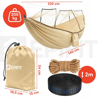 Turistinis hamakas su tinkleliu nuo uodų, dvivietis, didelis 330x140 cm, 200 kg, sodo hamakas
