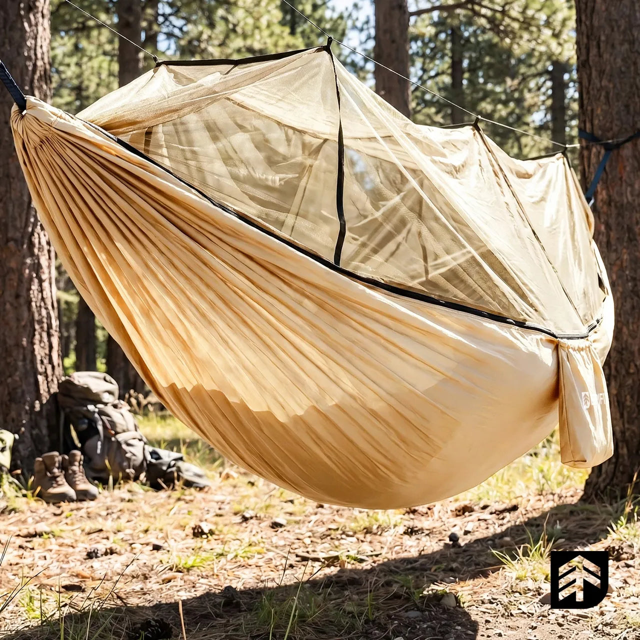 Turistinis hamakas su tinkleliu nuo uodų, dvivietis, didelis 330x140 cm, 200 kg, sodo hamakas