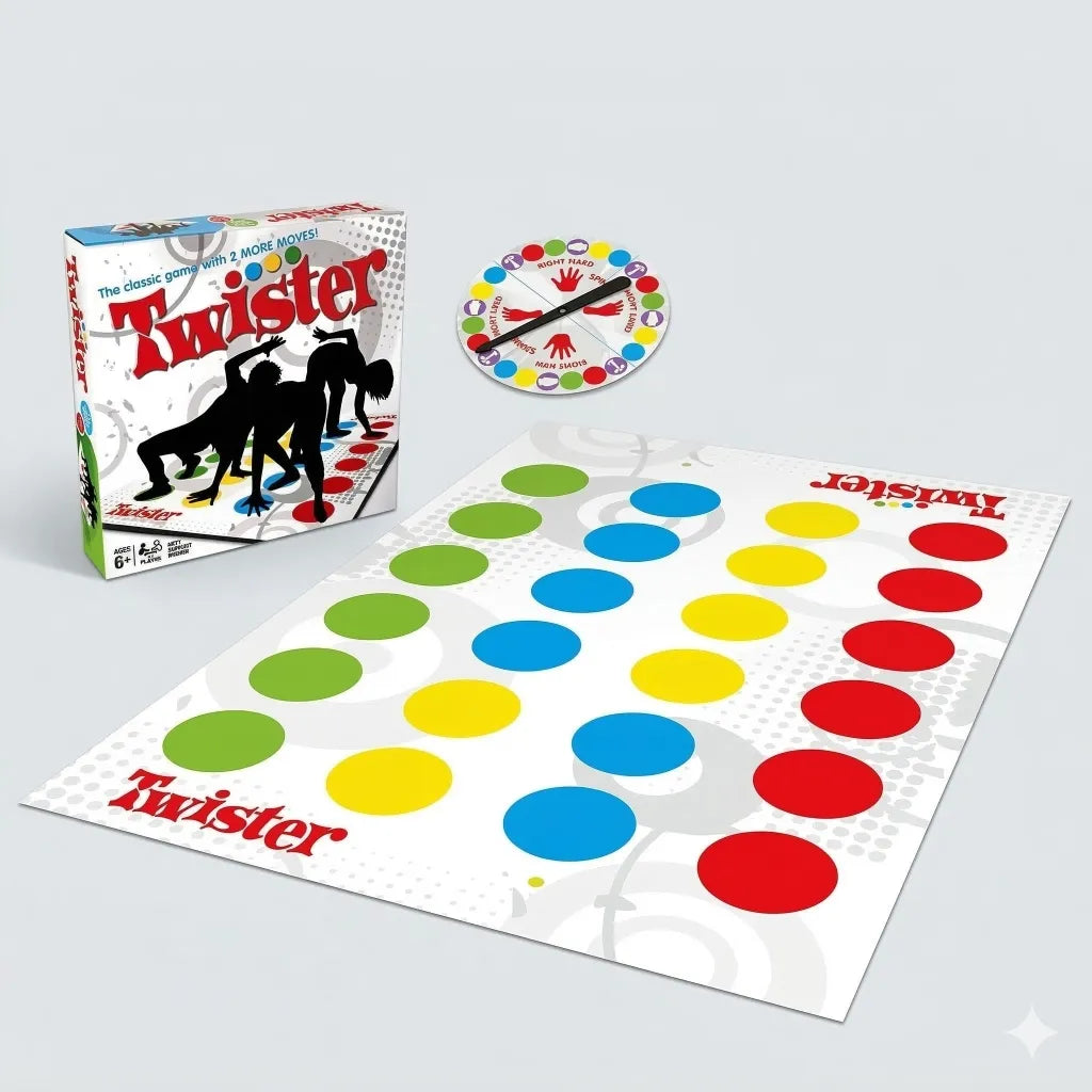 „Twister“ – šeimos vikrumo žaidimas vakarėliams, žaidimo kilimėlis ir sukamasis diskas