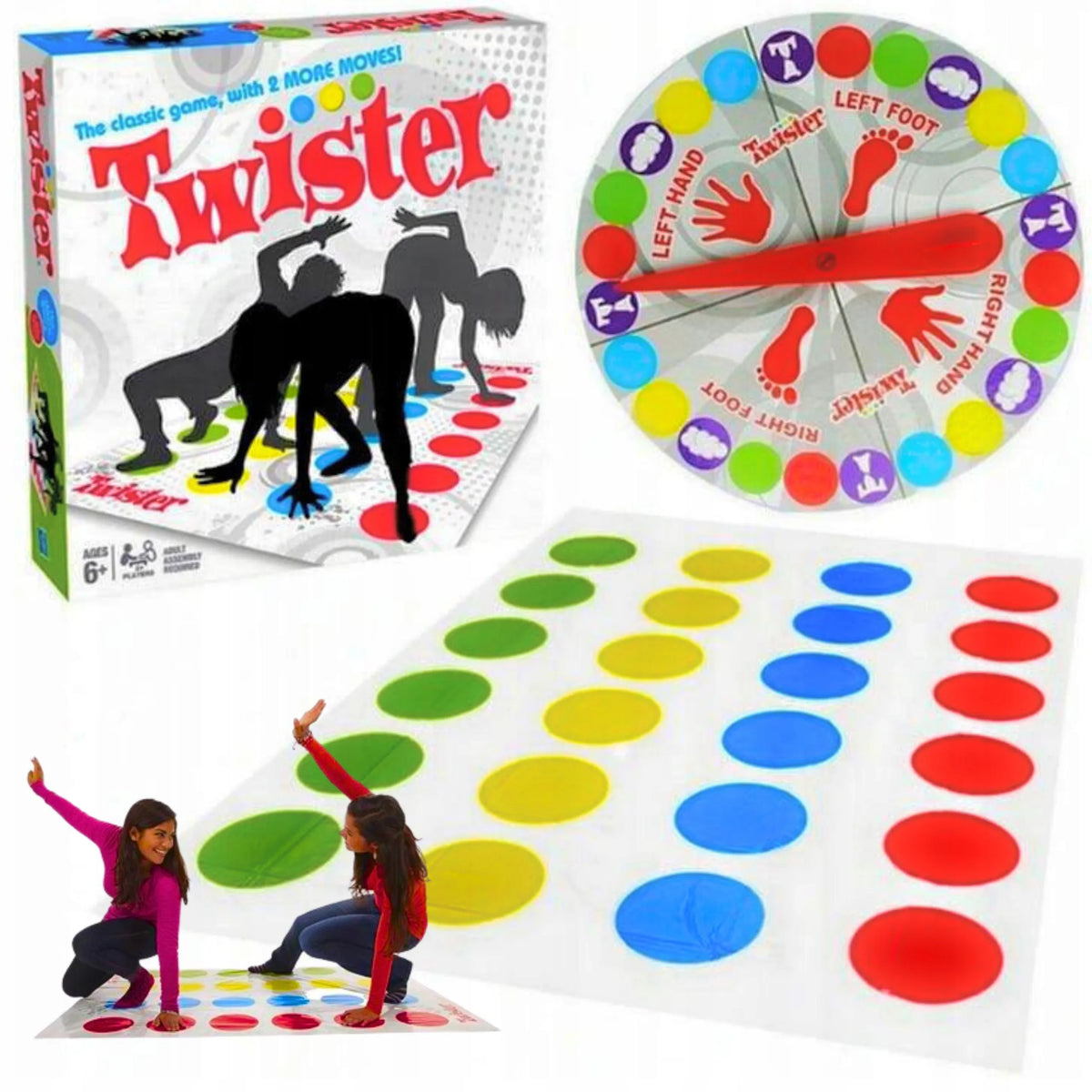 „Twister“ – šeimos vikrumo žaidimas vakarėliams, žaidimo kilimėlis ir sukamasis diskas