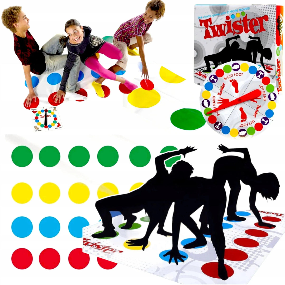 „Twister“ – šeimos vikrumo žaidimas vakarėliams, žaidimo kilimėlis ir sukamasis diskas